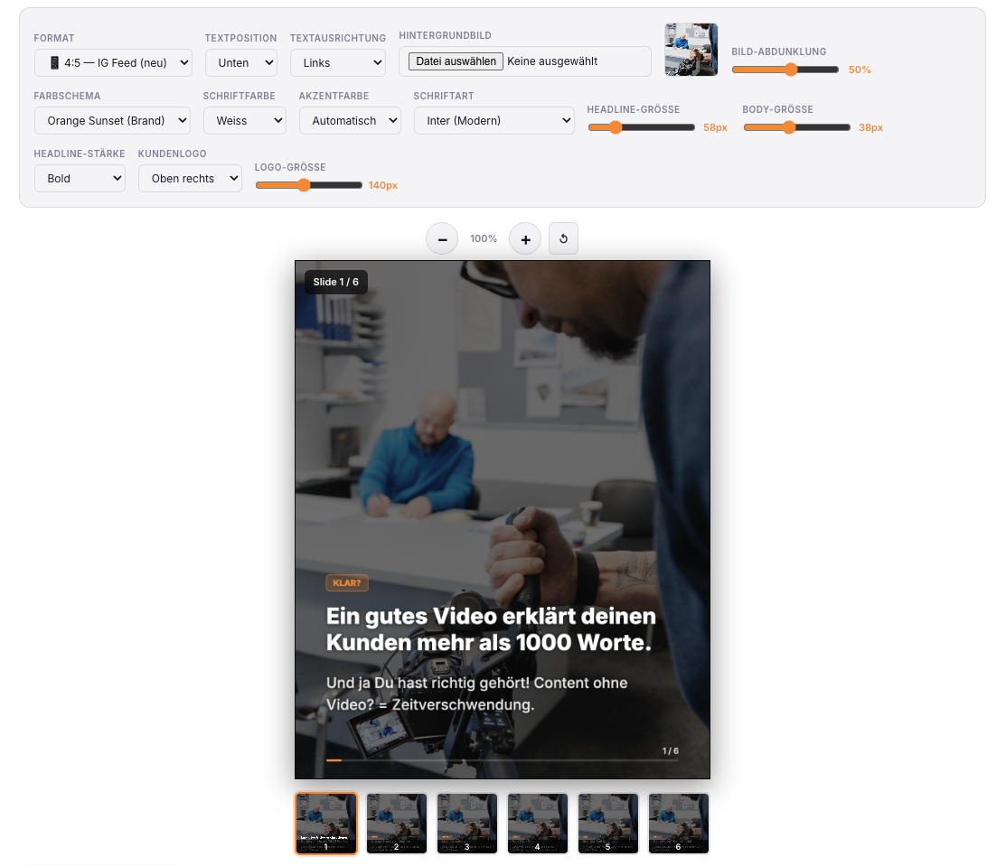 NavaFlow Karussell-Editor mit Foto-Hintergrund, Farbschema und Slide-Vorschau